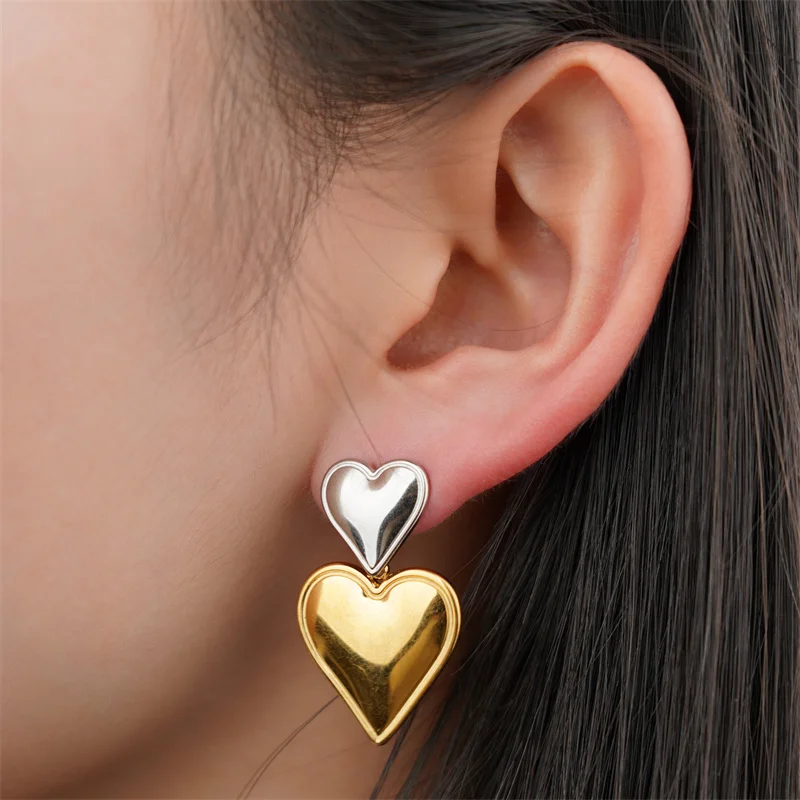 Stylish Bicolor Heart Shape Drop Earrings Plated Simple Waterproof Stainless Steel Dangle Earrings for Women Jewelry