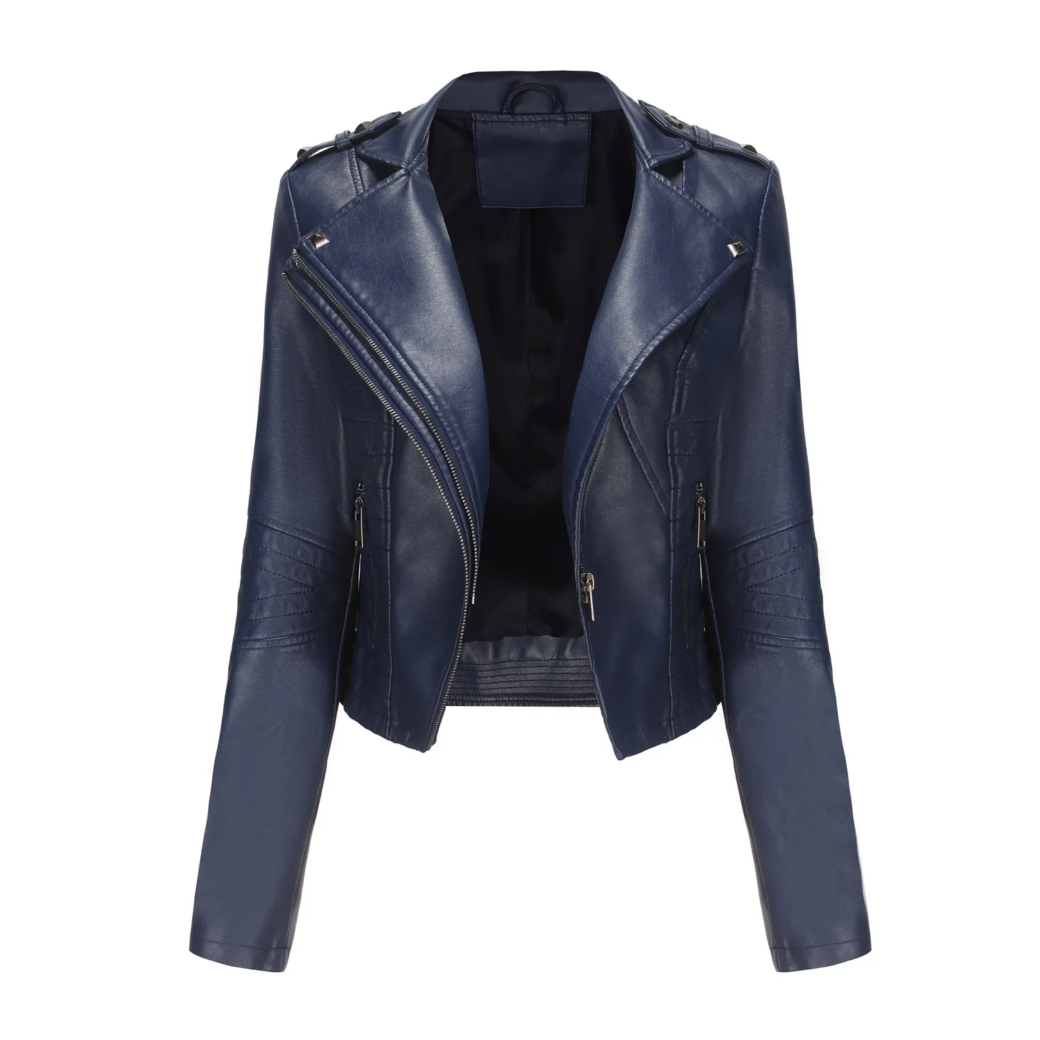 Chaqueta de piel sintética para mujer, cuello vuelto, abrigo Punk, motocicleta, negro, cremallera con remaches, prendas de vestir exteriores, mujer, Otoño, 2024