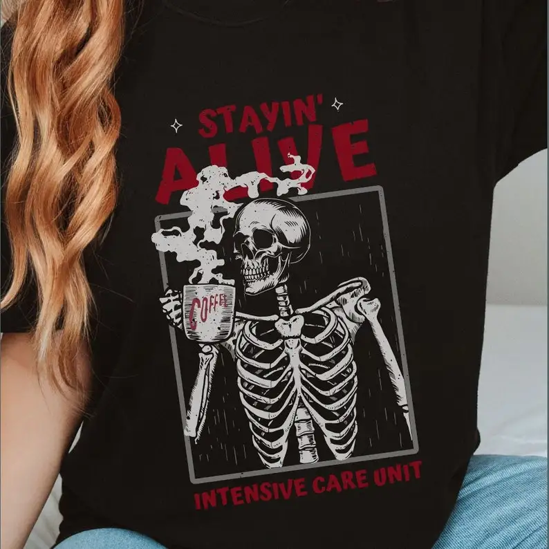 T-shirt infirmier(e) de soins intensifs (ICU) motif squelette, pour infirmier(e)s de soins critiques, équipe de traumatologie, Halloween