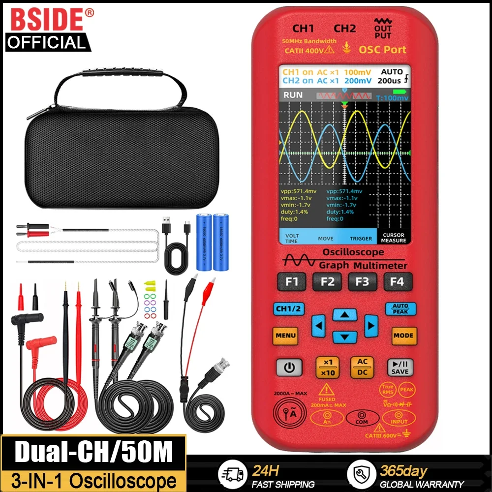 

BSIDE NEW Handheld Oscilloscope Digital Multimeter+Function Signal Generator 3-IN-1 Dual Channel 50MHZ*2 280MS/s Graphic Meter