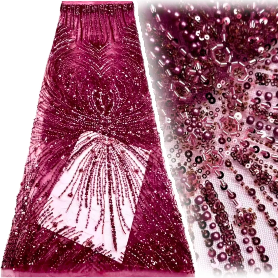 

Red African Sequins Beaded Lace Fabrics 2025 High Quality Sequence Embroidery Nigerian Lace Fabric for Wedding Sewing AH1788