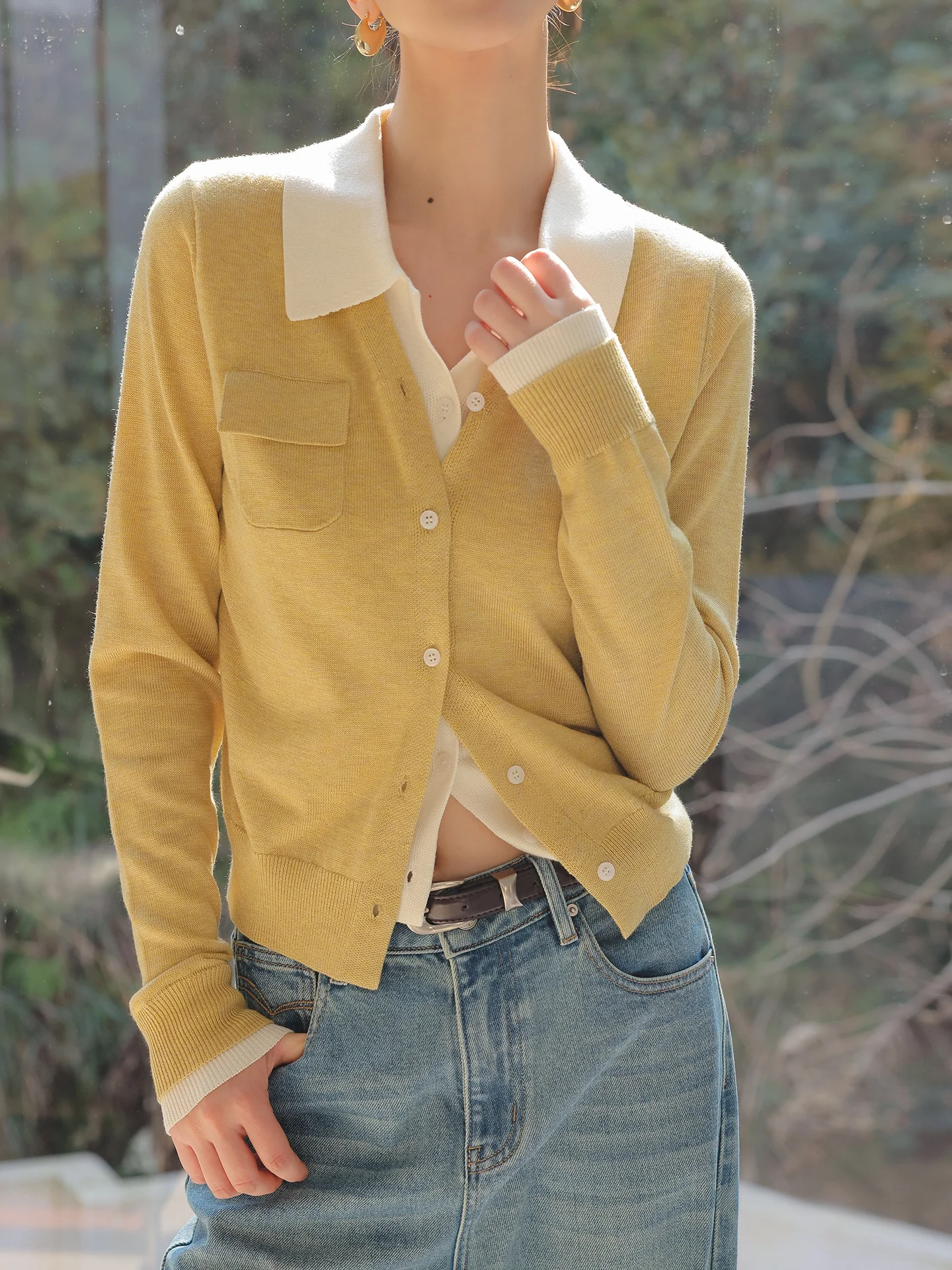 JWUNIQUE Knitted Open Cardigan Soft Yellow High-End Feel Color Block Collar Elegant Top Polyester Acrylic Nylon Wool Blend