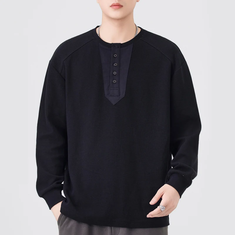 Splice Fashion Tshirt  Men Spring Autumn Streetwear Vintage Casual Loose Long Sleeve T-shirt Cityboy Plus Size T Shirts Tops