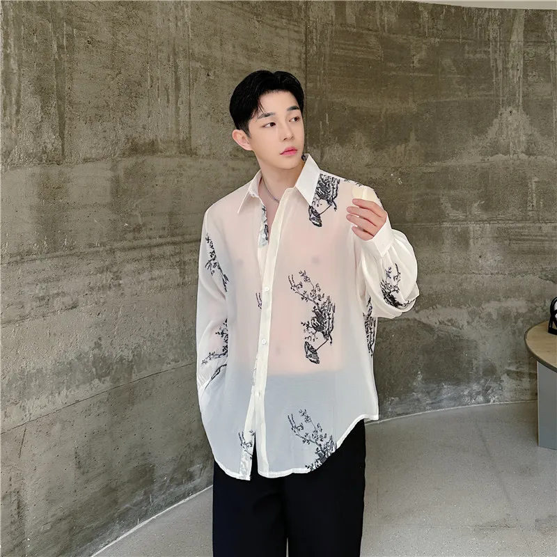 2024 Summer Chinese Style Design Long-Sleeve Shirt Men's Thin Slightly Transparent High-End Breathable Men Trendy Male Tops