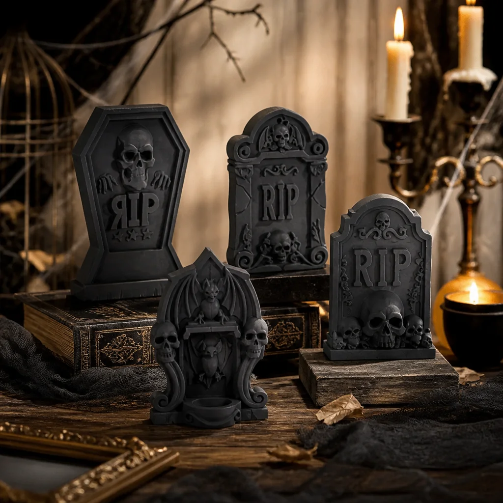 4Pcs Halloween Gothic Tombstone Statue Set, 3D Printed Black Resin RIP Skull Gravestone Figurines, Tabletop Tealight Holder Hall