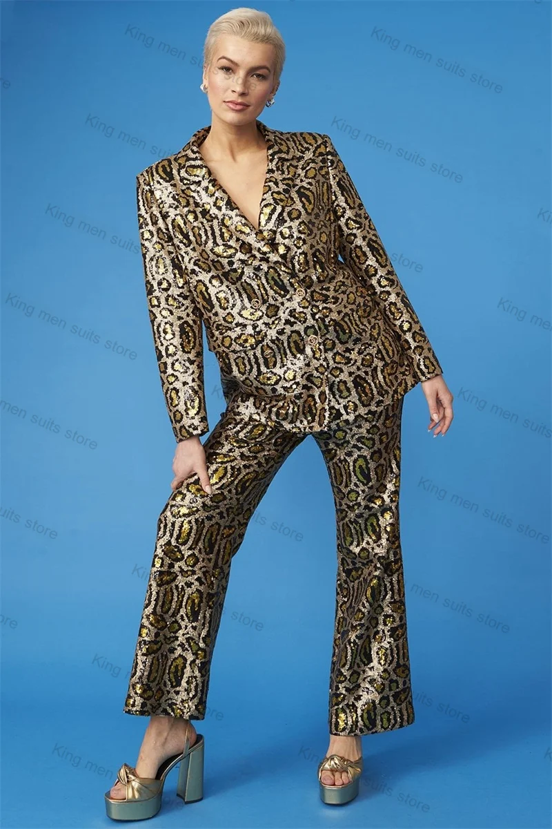 Leopard Sequins Formal Women Suit Pants Set 2 Piece Blazer+Trousers Custom Made Office Lady Double Breasted Jacket Prom Coat