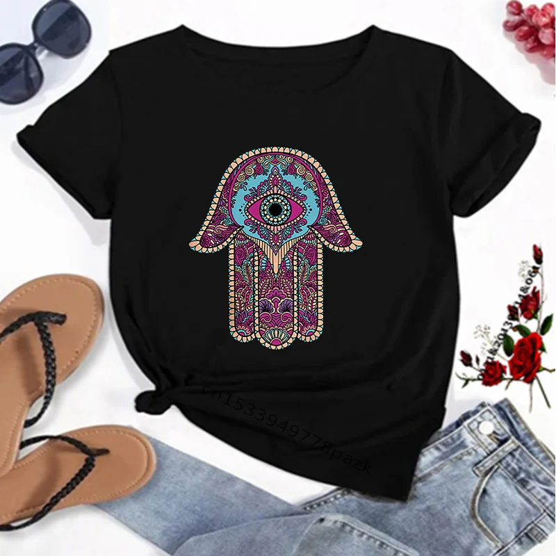 Lucky Hamsa Hand Print Women T Shirt  Femme Y2Y White Tshirt Summer Top Tees Female Hamasa Hand of Fatima T-shirt Female Clothes