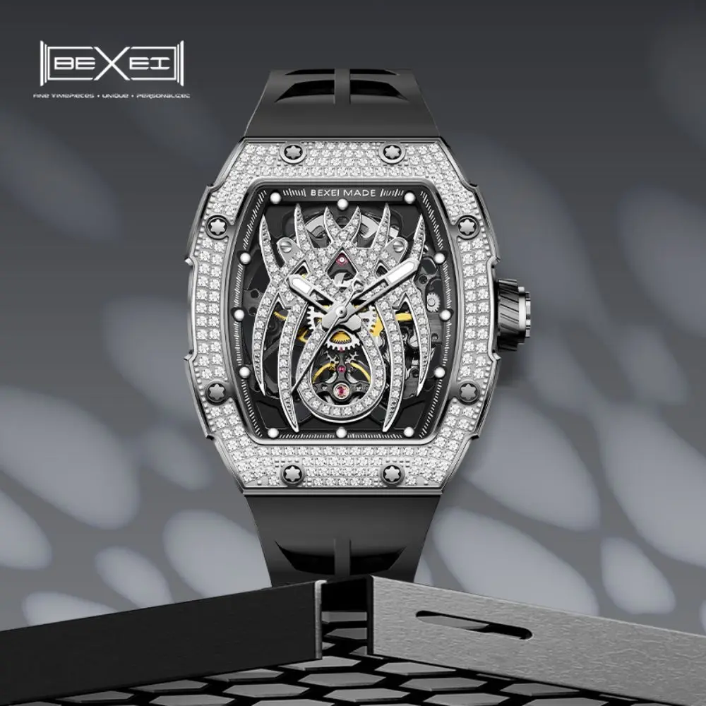 

BEXEI 2025 Automatic Mechanical Watches for Men Inlaid Zircon Luxury Barrel Shaped Sapphire Luminous Waterproof 80 Hours Power