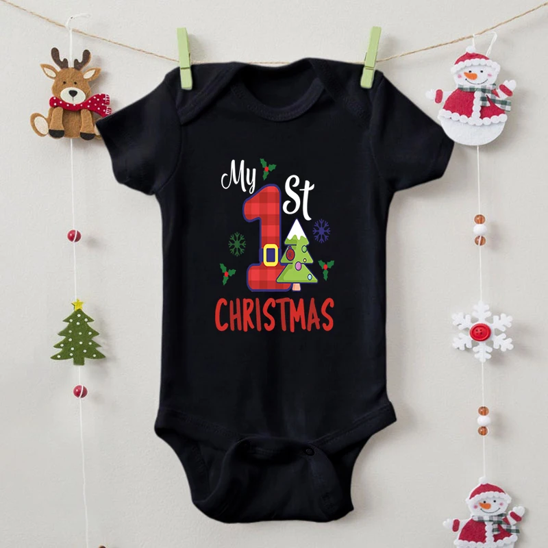 

"My 1st Christmas" Letter Pattern Newborn Bodysuits Cute Grid Number New Short Sleeve Baby Boy Girl Xmas Romper Infant Jumpsuits