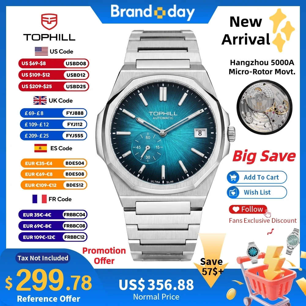 Часы TOPHILL+ 38.7mm Ultra Slim Automatic Micro Rotor Hangzhou 5000A Luxury Enamel Sunray с интегрированным браслетом и сапфировым стеклом KIM001G