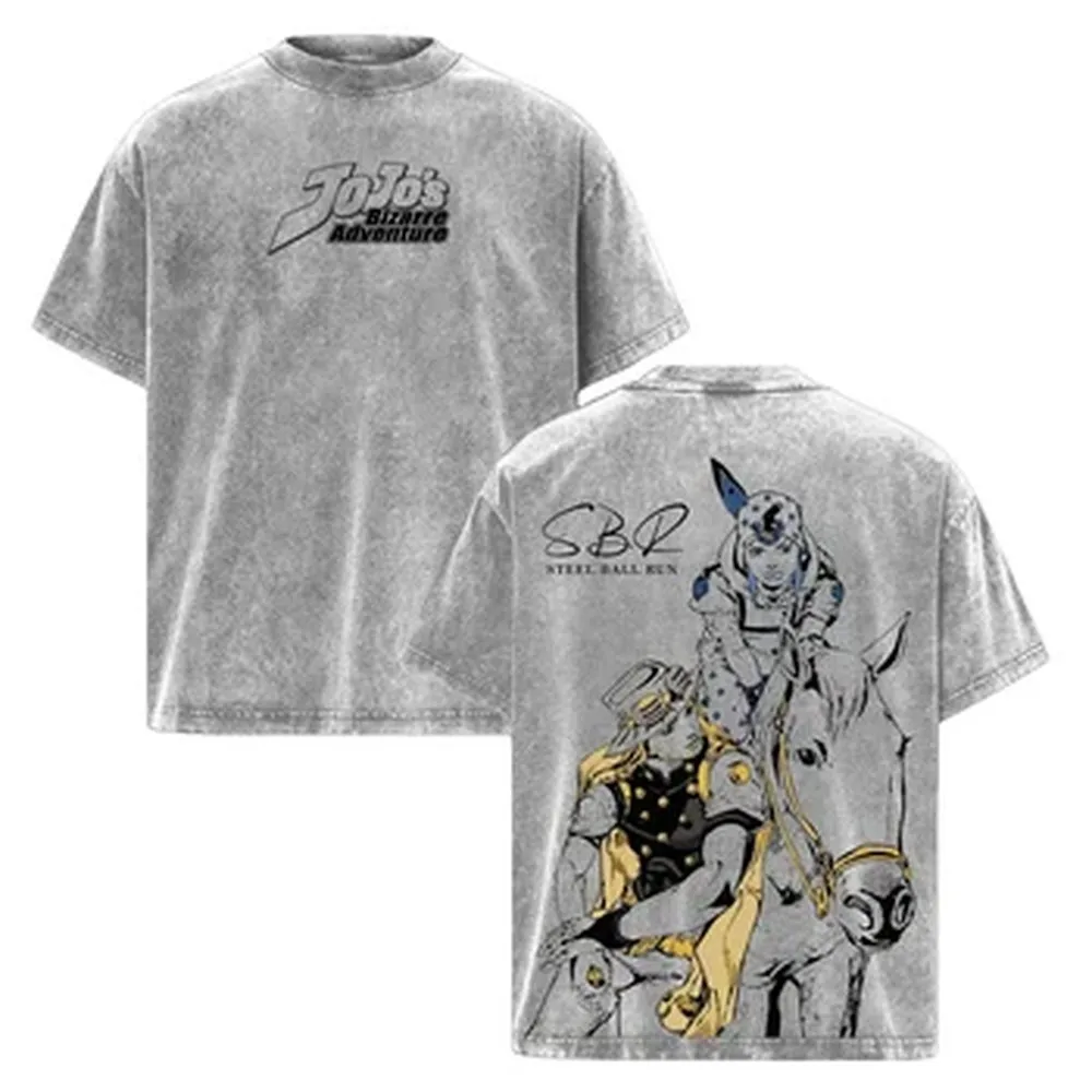 Anime JoJo's Bizarre Adventure T-shirt Vintage Y2k Washed T Shirt Summer O-Neck Short Sleeve Cotton Tees Tops Men Clothing