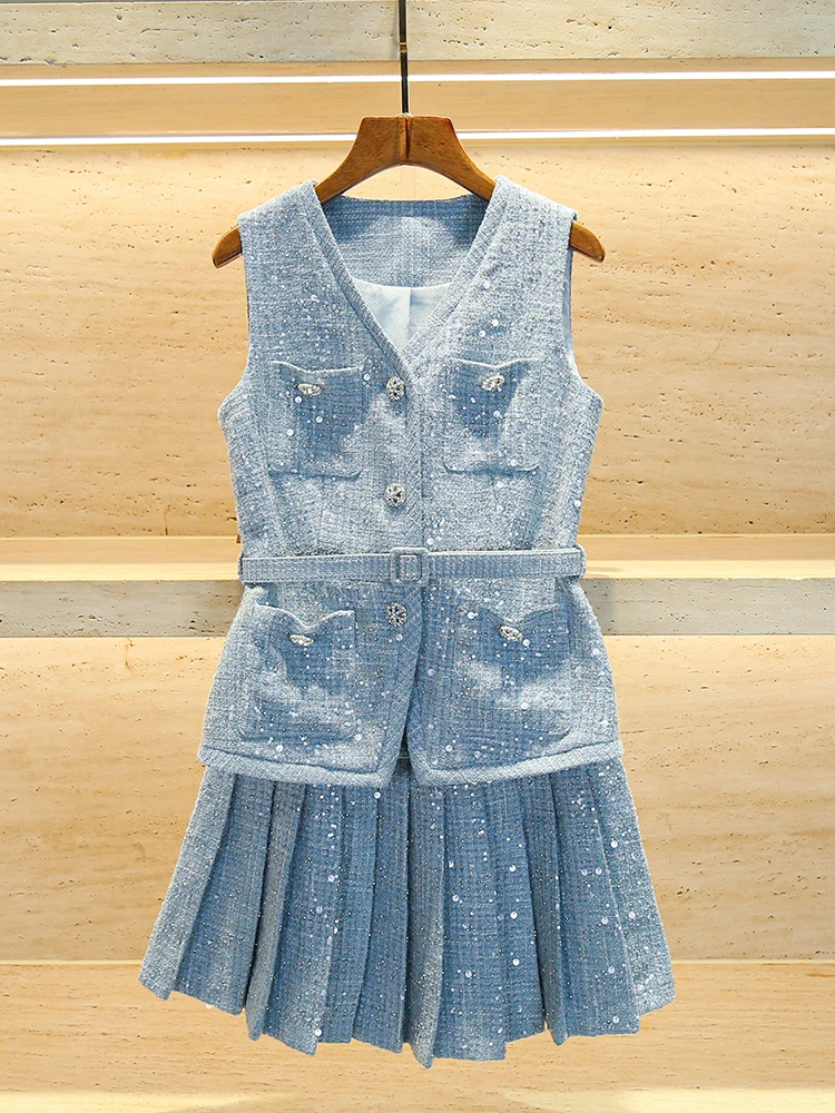 

SP Home South Oil High End Women's Faion Set with iny Sequins And Diamond Decorations Small Fraance Sle Top And Skirt