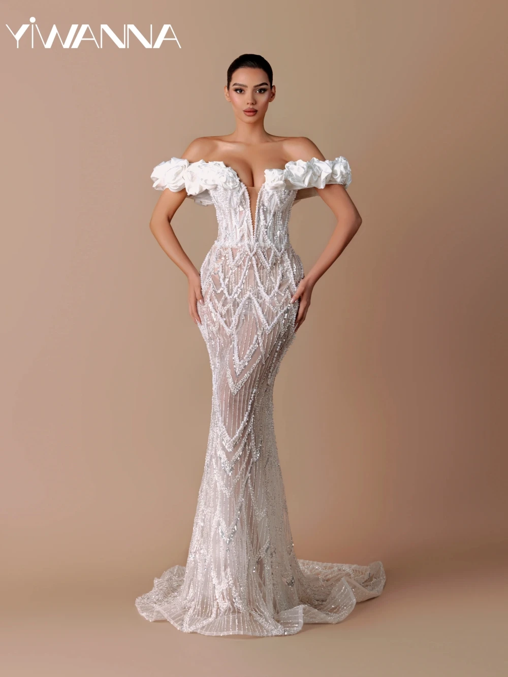 

Sparkling Luxury Beads Pearls Mermaid Long Wedding Dress Illusion Off Shoulder Bridal Gown Customized Dreamy Dresses For Bride