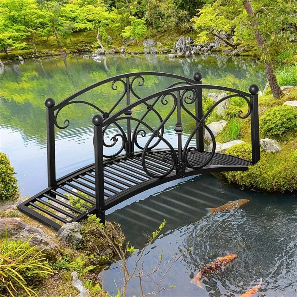 

Metal Arch Zen Garden Bridge with Safety Siderails, Delicate Scrollwork & Corner Spheres, Garden Arch Bridge