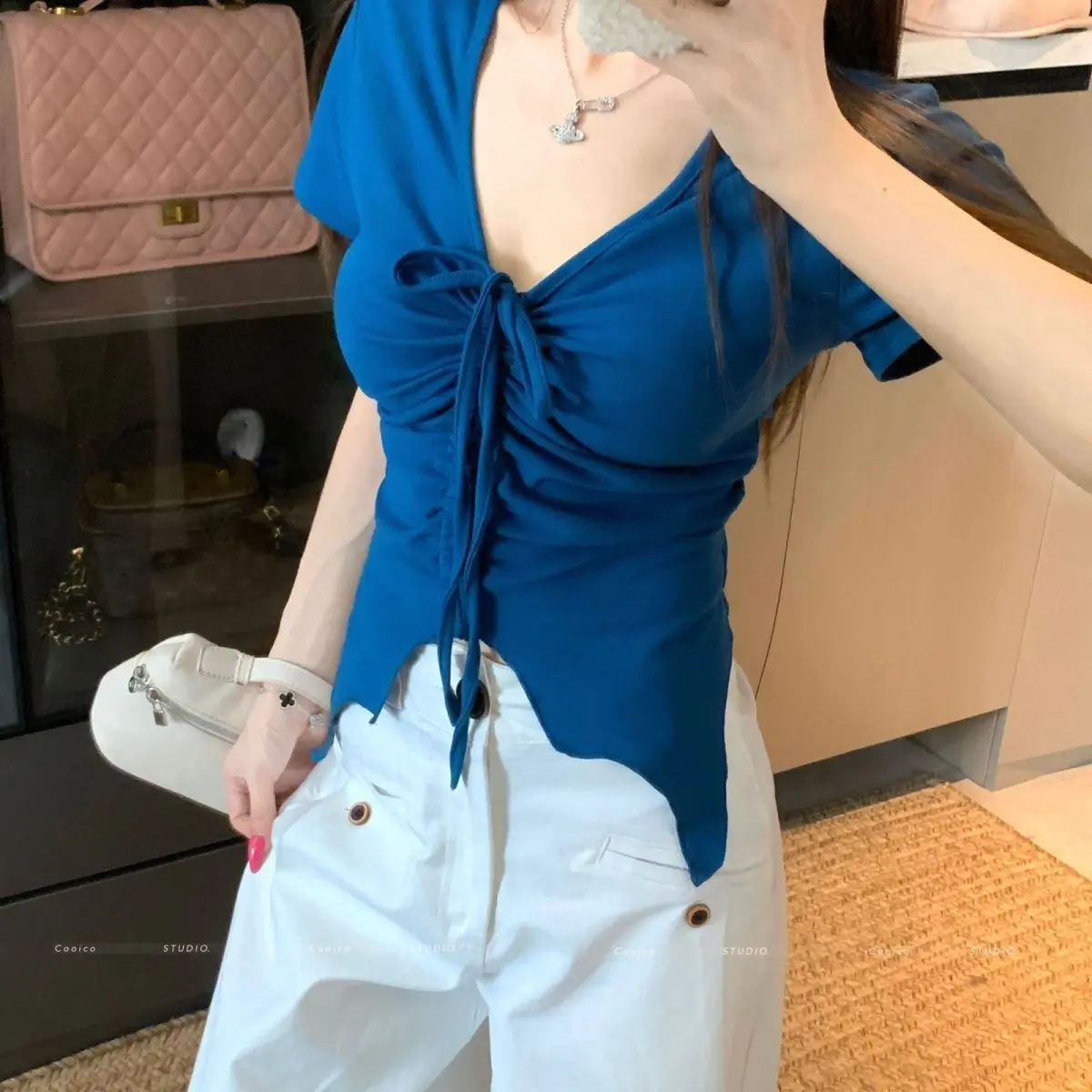 Large size women's clothing summer new solid color irregular slim and thin V-neck drawstring short-sleeved T-shirt