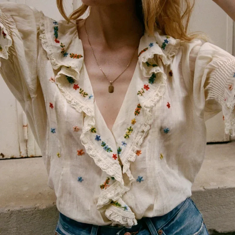 

Y2K Printed T-shirt Summer Star Top Bubble Sleeves French Lace Collar Vintage Countryside Cotton Short Sleeved Shirt Top Tee New