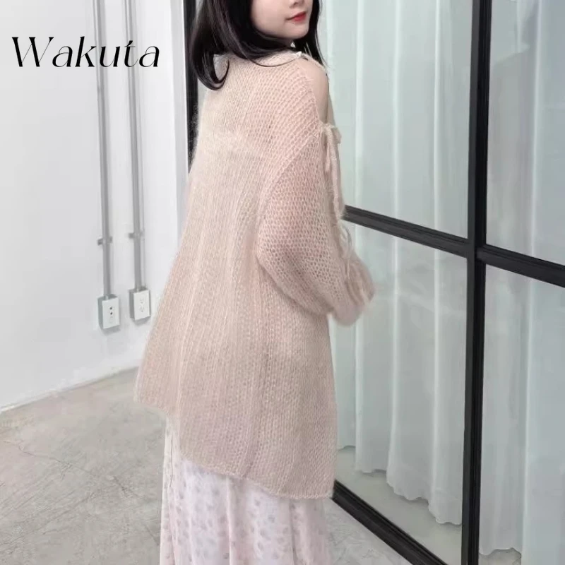 

WAKUTA Lace-Up Bow Cardigan Hollow Out Knit Outerwears Long Sleeve Sweater Casual Loose Women Clothing Japan Korean Cardigan Y2k