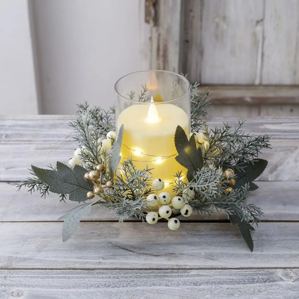 Artificial Fruit Candle Ring Wreath Simulated Leaves Pillar Ring Candle Holder Handmade Desktop Decor for Christmas Thanksgiving