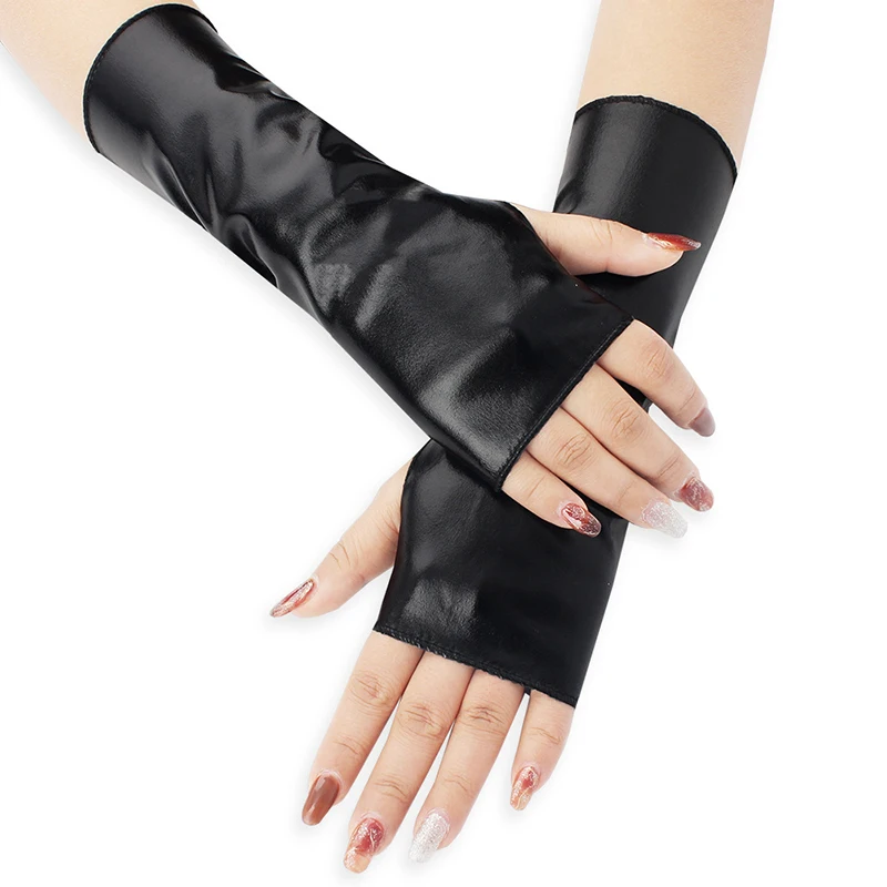 

Fashion Half Finger Black Short Lacquer Leather Gloves Halloween Decorative Punk Hip Hop Nightclub Pole Dance Performance Mitten