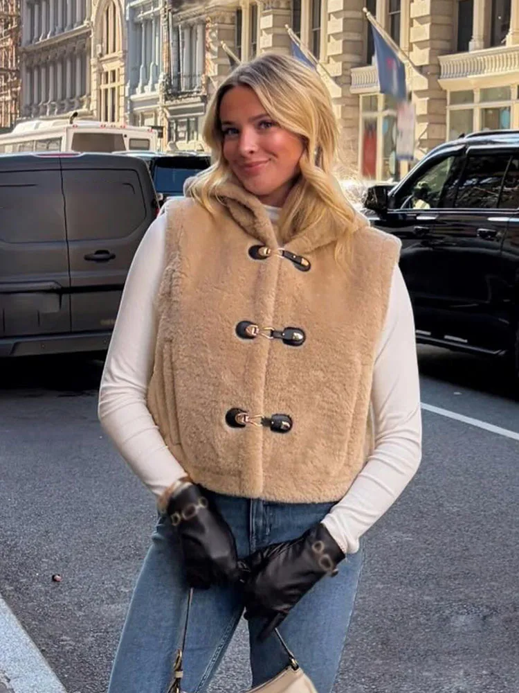 

HH Women's Autumn New Fashion Short Coats Solid Hooded Sleeveless Single Breasted Vest Female Chic Casual Waistcoats Trendy