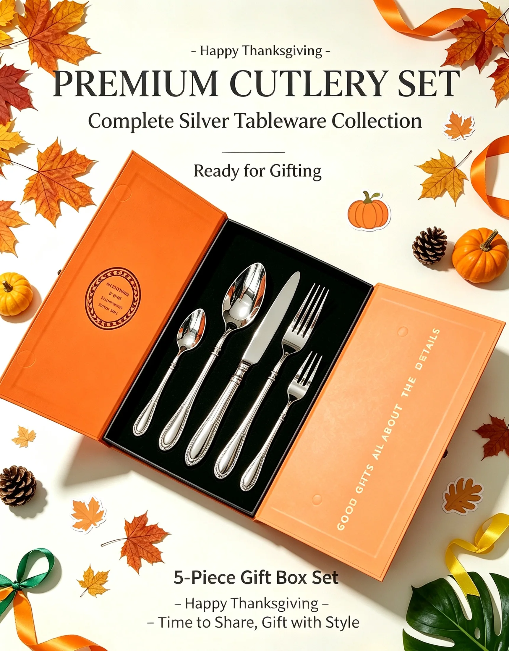 Thanksgiving Gift 5Pcs Stainless Steel Cutlery Set Straight Top Round Bottom Handled 304 420 Silverware Dinnerware Gift Box