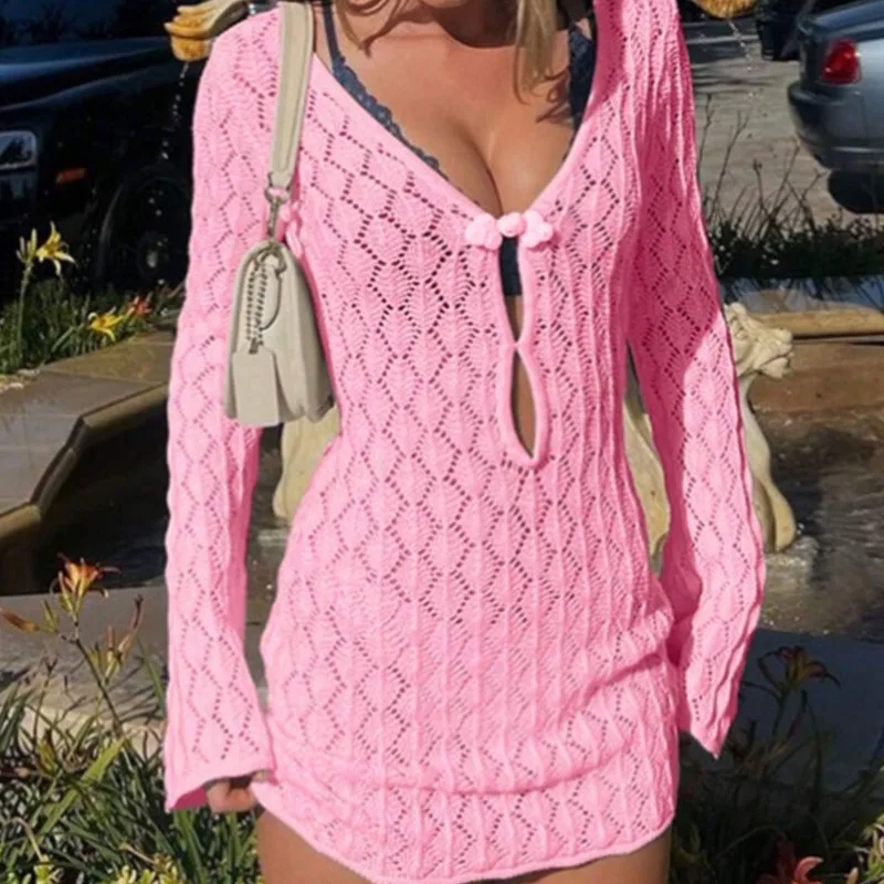 女性用シアーニットクロシェビーチドレス、セクシーなシースルーカバーアップ水着、カットアウトロングスリーブミニドレス、夏のバカンス衣装