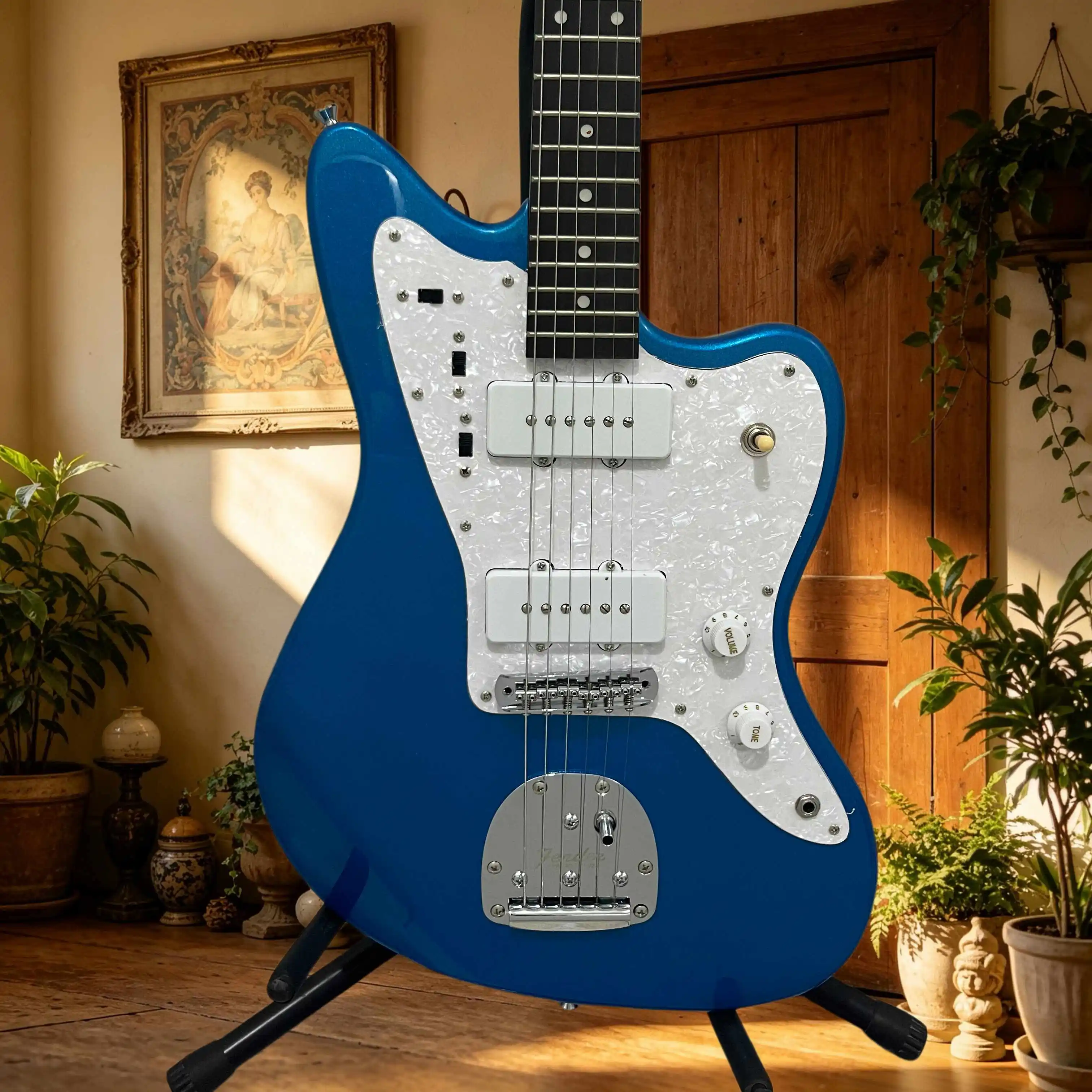 Electric Guitar Blue Metallic Paint Pearl Guard Retro Garage Rock Recording Basswood Piano Body Slim Narrow Feel Free shipping