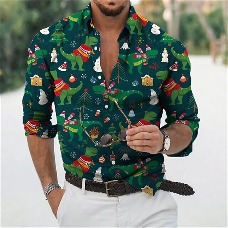 Funny Christmas Theme 3D Print Men\'s Butttton Shirts Casual Long Sleeve Streetwear Tops Unisex Holiday Party Chic Hawaiian Shirt