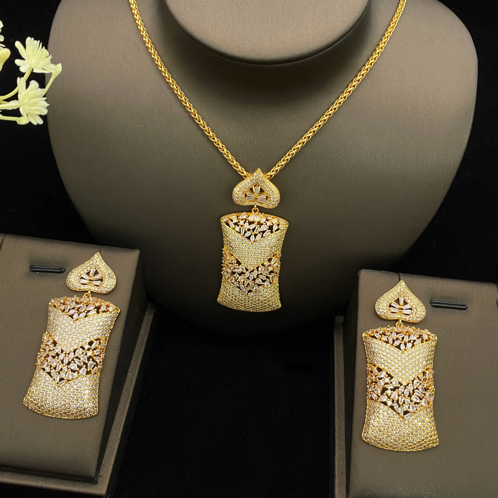 

Flora Jewelry Set Gold Plated Hollow Rectangle Pendant Women's Earrings Matching Valentines Bridal Gift for Women 2PCS
