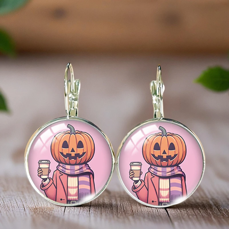 2025 موضة جديدة اليقطين رجل القهوة قرط كبس القرط المستديرة الزجاج كابوشون الفن مجوهرات مطبوعة