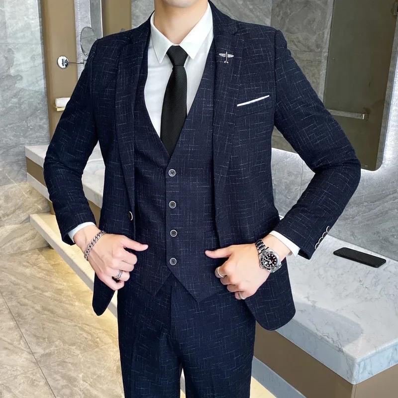 

Suit New Style (Blazer+ Vest + Pants) Men's Fashion Business Outdoor Trend Striped Casual Slim-fit Wedding Host Gentleman's Suit