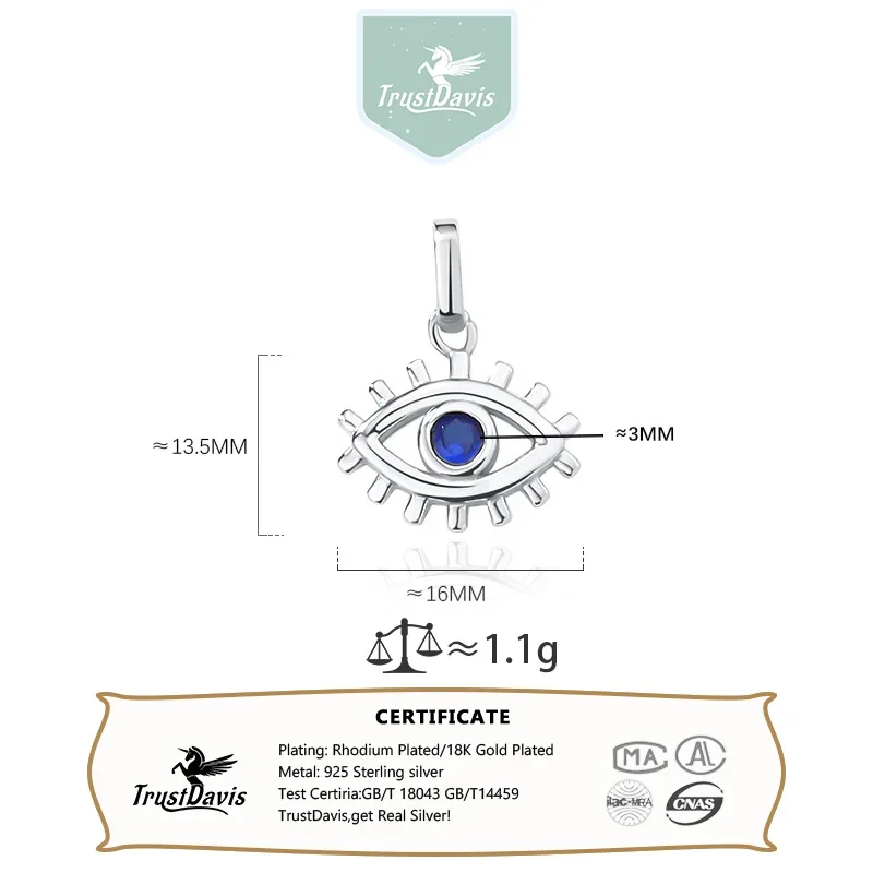 TrustDavis Real 925 Sterling Silver Vintage Eye Zircon Charm Pendant For Women Handmade DIY Accessories Jewelry DZ982