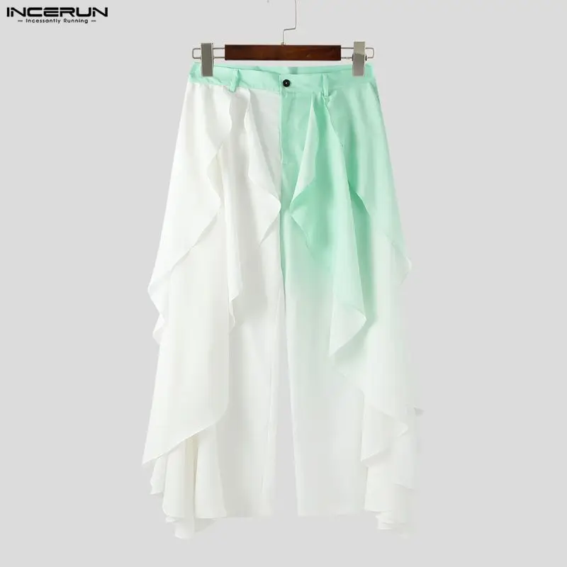 INCERUN Men Pants Gradient Tie Dye Button Ruffle Casual Wide Leg Trousers Men Streetwear Loose Fashion Casual Long Pants S-5XL