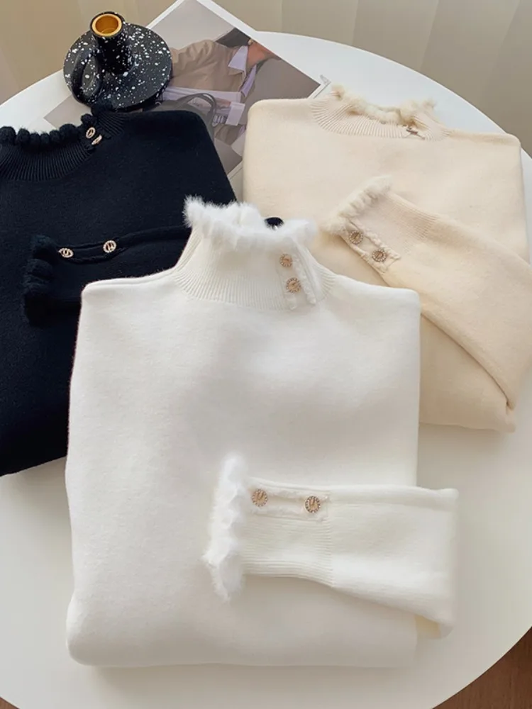 

Chic High Ne Long Sve Fce Lined Knitwear Women's Base Layer Top Korean Sle Early Autumn New Arrival Warm Thermal irt