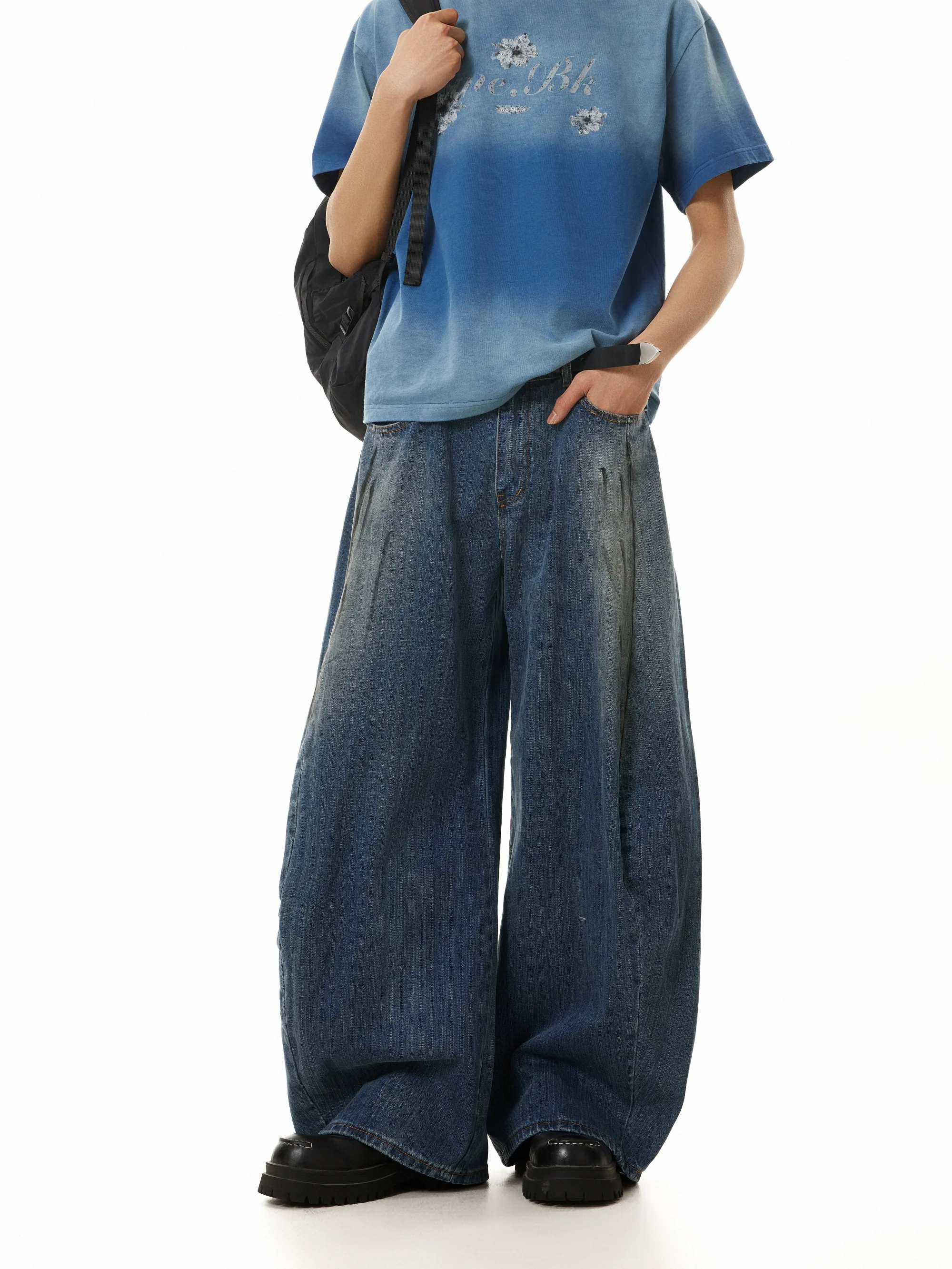 Amerikaanse retro noodlijdende vuile geverfde ontwerp Machete Jeans losse gedrapeerde casual broek met wijde pijpen