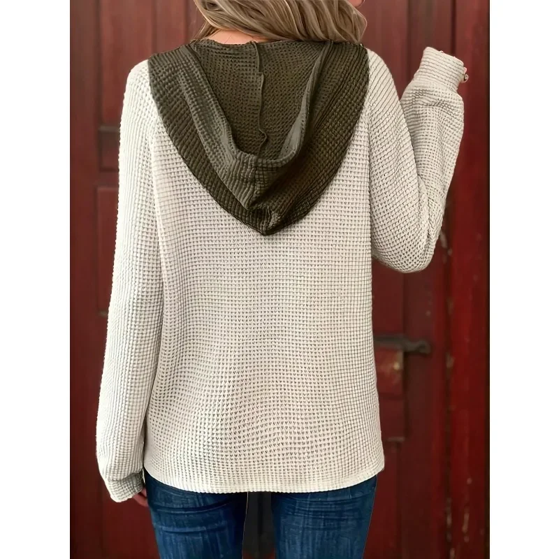 Plus Größe 1XL-5XL Damen Einfarbig Waffel Kapuze Langarm Pullover Lose Fit Knopf Detail Mode Top