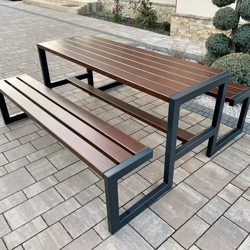 Outdoor Picnic Table Set PS Wood Metal Frame Restaurant Furniture Patio Terrace Dining Chairs And Tables For Garden Camping