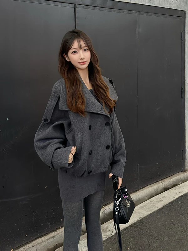 Ele ort Woolen Coat Women's Stand Collar Camere Suit Korean Sle Winter Faion Outerwear Warm Thiened Polyester L...