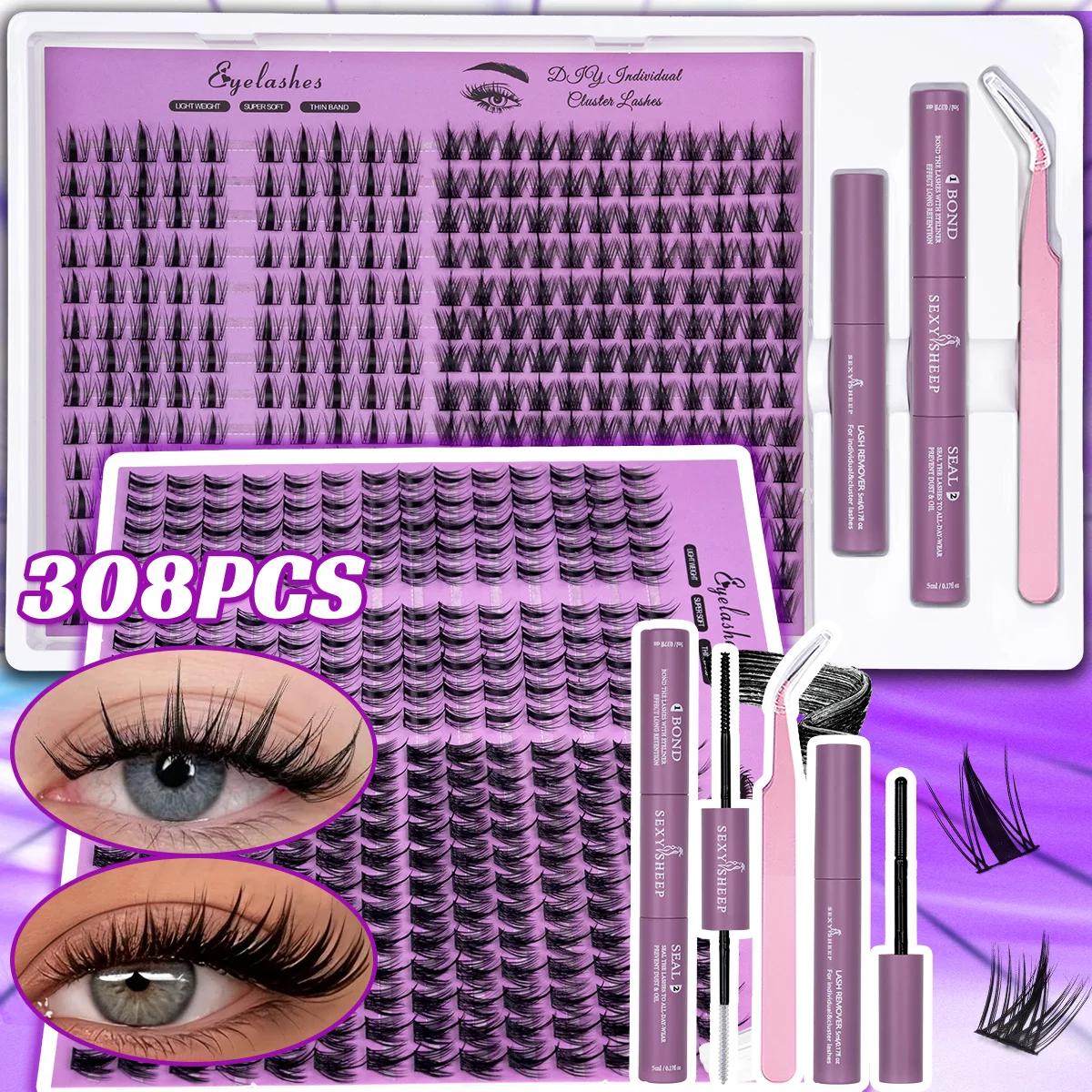 Wimpernbüschel-Set, verschiedene Stile, große Kapazität, Manga-Einzelwimpern-Set mit Kleber, Versiegelung, Entferner, Pinzette, Make-up