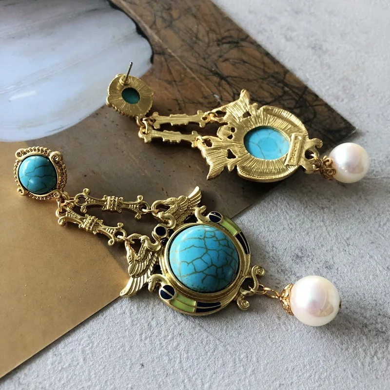 Foreign Trade Western Medieval Enamel Turquoise Earrings Electroplated Real Gold Chain Horse Bead Silver Needle Earrings