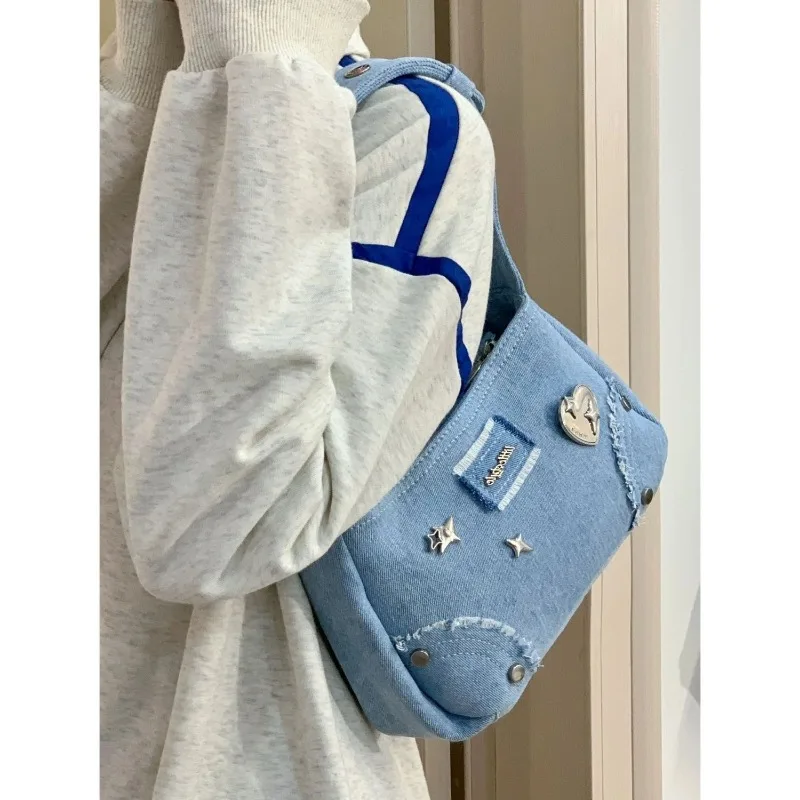 Fashion Y2K Bags 2024 New Chic Design Denim Blue Shoulder Bags for Women Harajuku Trendy Rivet Underarm Bag Bolso сумка