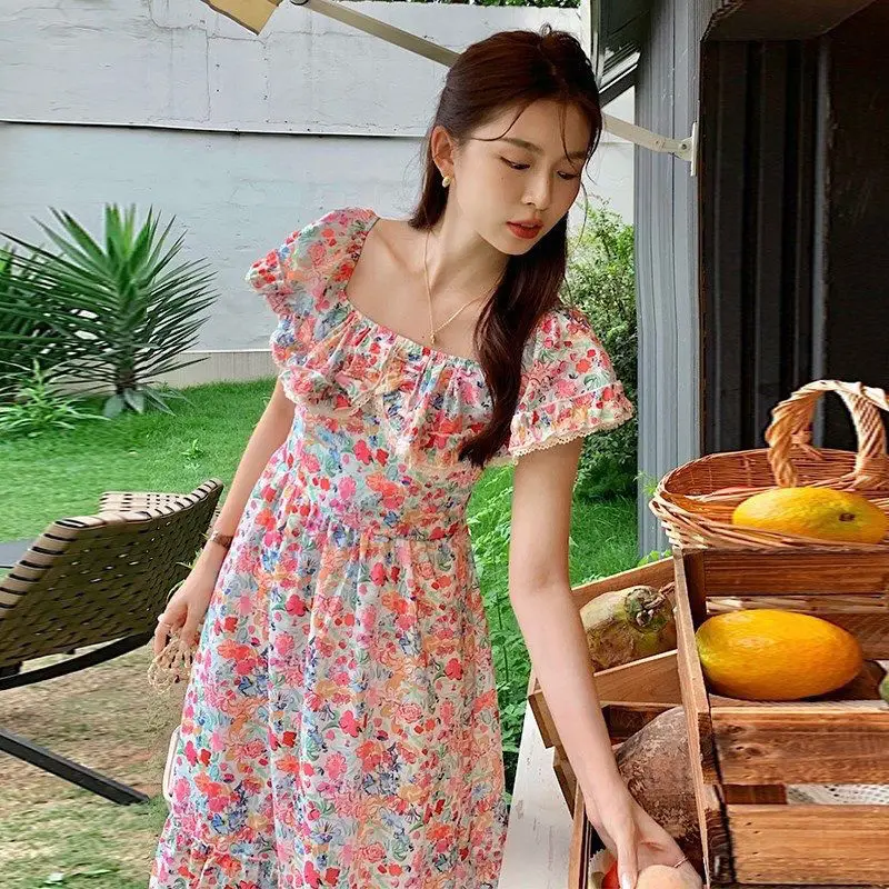 French Heavy Industry Floral Square Collar Lotus Leaf Hem Dress Women Summer  Petite girls Slim A-line Mid length version