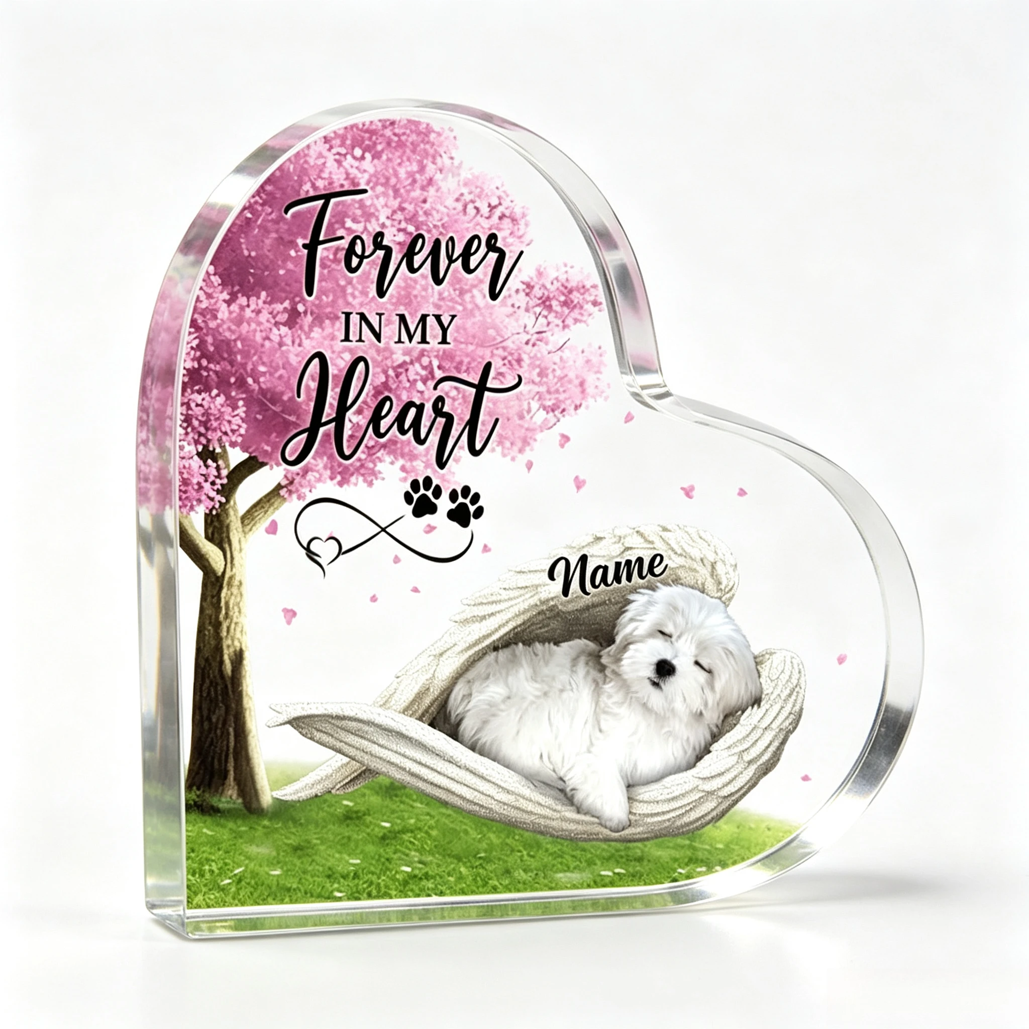 Personalized Maltese Sleeping Angel Acrylic Heart Shaped Plaque, Pet Remembrance Keepsake Desk Heart Decor, Memorial Gifts for Loss of Dog