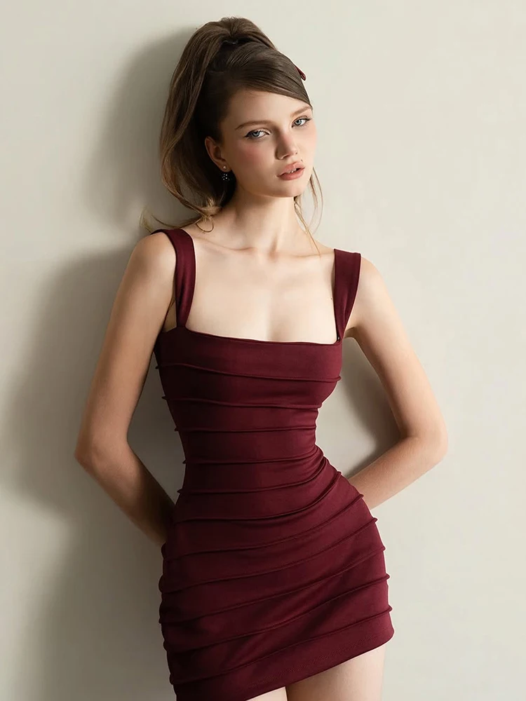 Weird Puss Kleid mit quadratischem Kragen für Damen, mit Ziernähten, ärmellos, einfarbig, sexy, elegant, süßer Stil, schmal geschnitten, für Sommerpartys, Mini-Bodycon – Detail 25
