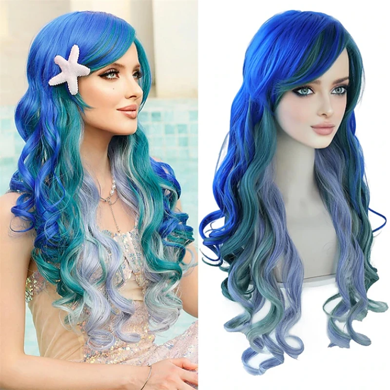 HAIRJOY Syntetyczna Peruka Długa Falowana Niebiesko-Zielona Syreni Włos Kręcona Peruka Ariel Mała Syrenka Peruki na Imprezy Cosplay dla Kobiet i Dziewcząt