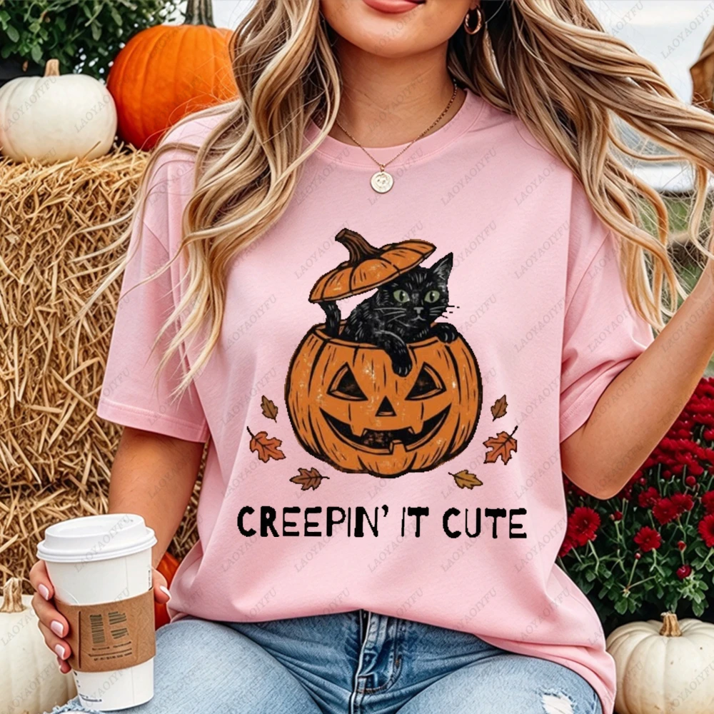 Creepin It Cute Black Cat Pumpkin Jack O Lantern Graphic Women Casual Short Sleeve T-Shirt Funny Cute Spooky Black Cat Shirt