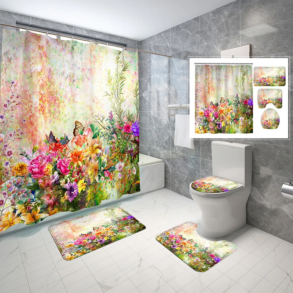 

Art Illustration Flower Shower Curtains Set Non-Slip Rug Toilet Lid Cover Bath Mat Flowers Print Bathroom Curtains with Hooks