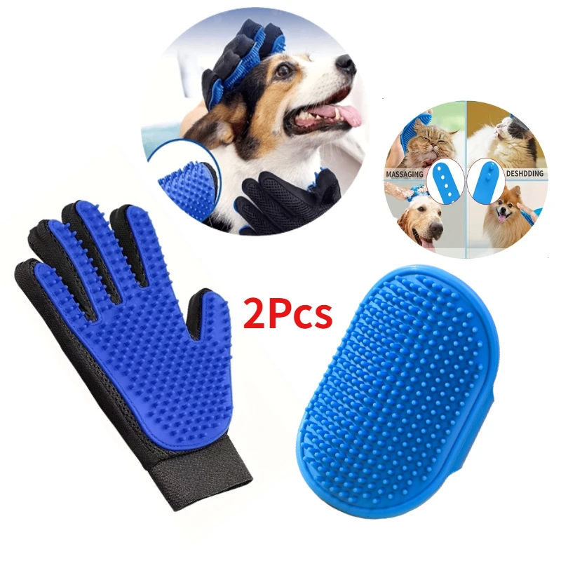 2Pcs Pet Grooming Kit for Dog Cat Rabbit Fur  Grooming Brush Bath Cleaning Glove De-Shedding  Pet Hair And Shower Brush