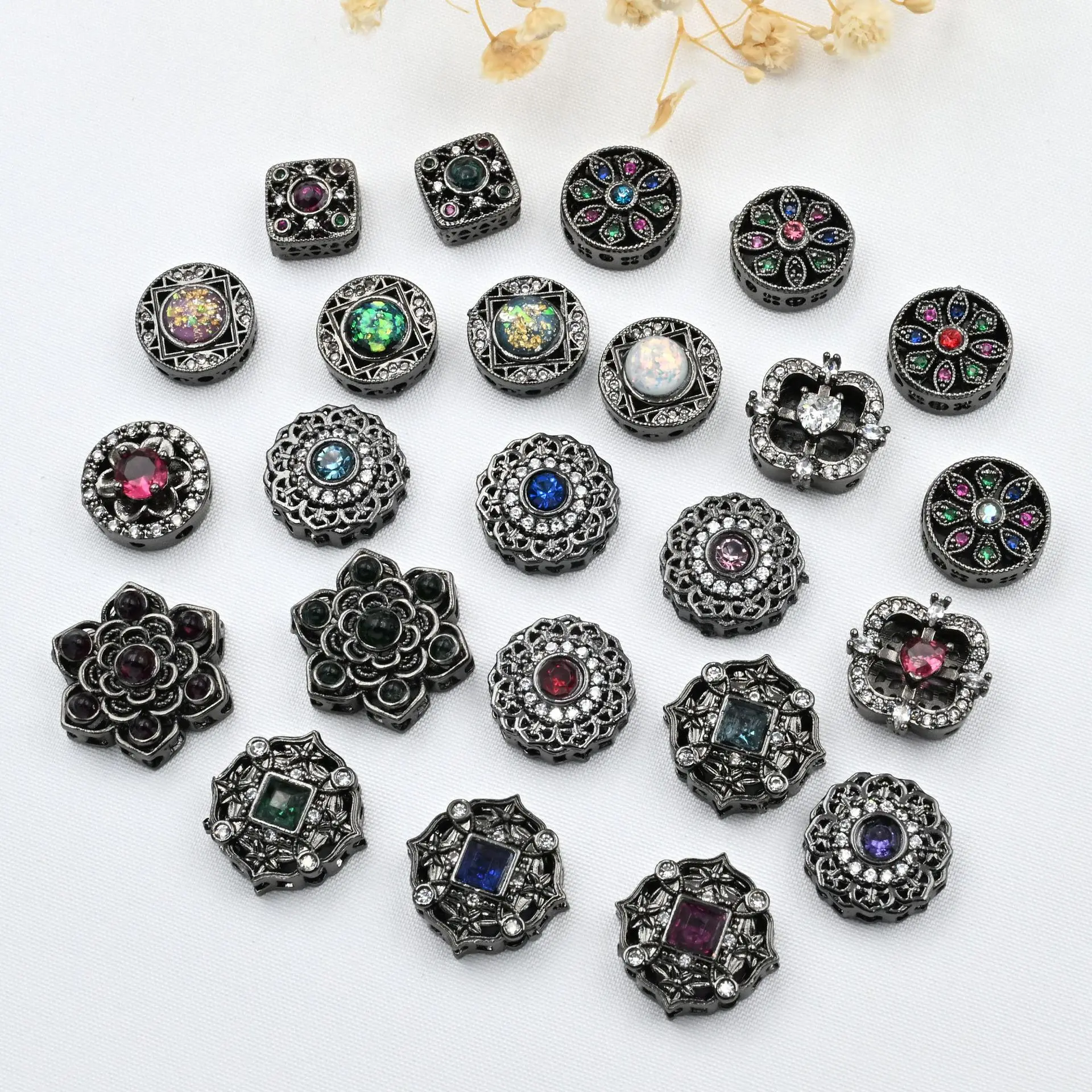 3pcs Copper Plated Gun Black Inlaid with Colored Zircon Spacer Beads DIY Pearl Necklace Bracelet Accessories Jewelry Materials