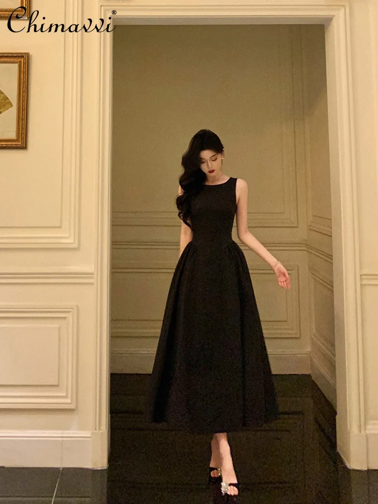 

French Elegant Hepburn Style Black Evening Dress Round Neck Sleeveless High Waist Slim A-line Simple Commuting Long Dress Women